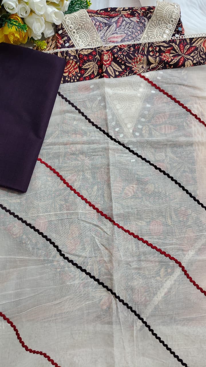Pure Cotton Printed Unstitched Suit with Embroidered Neck & Cotton Dupatta | Code 065 | AASAKI