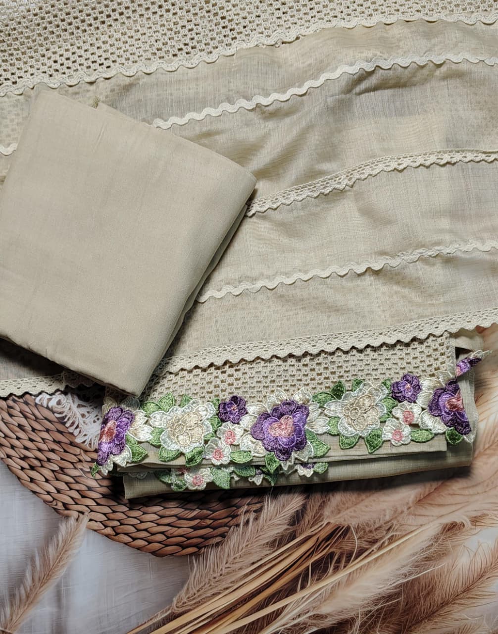 Beige Mulchanderi Floral Embroidered Suit Set with Dupatta | Premium Ethnic Wear|Code 070