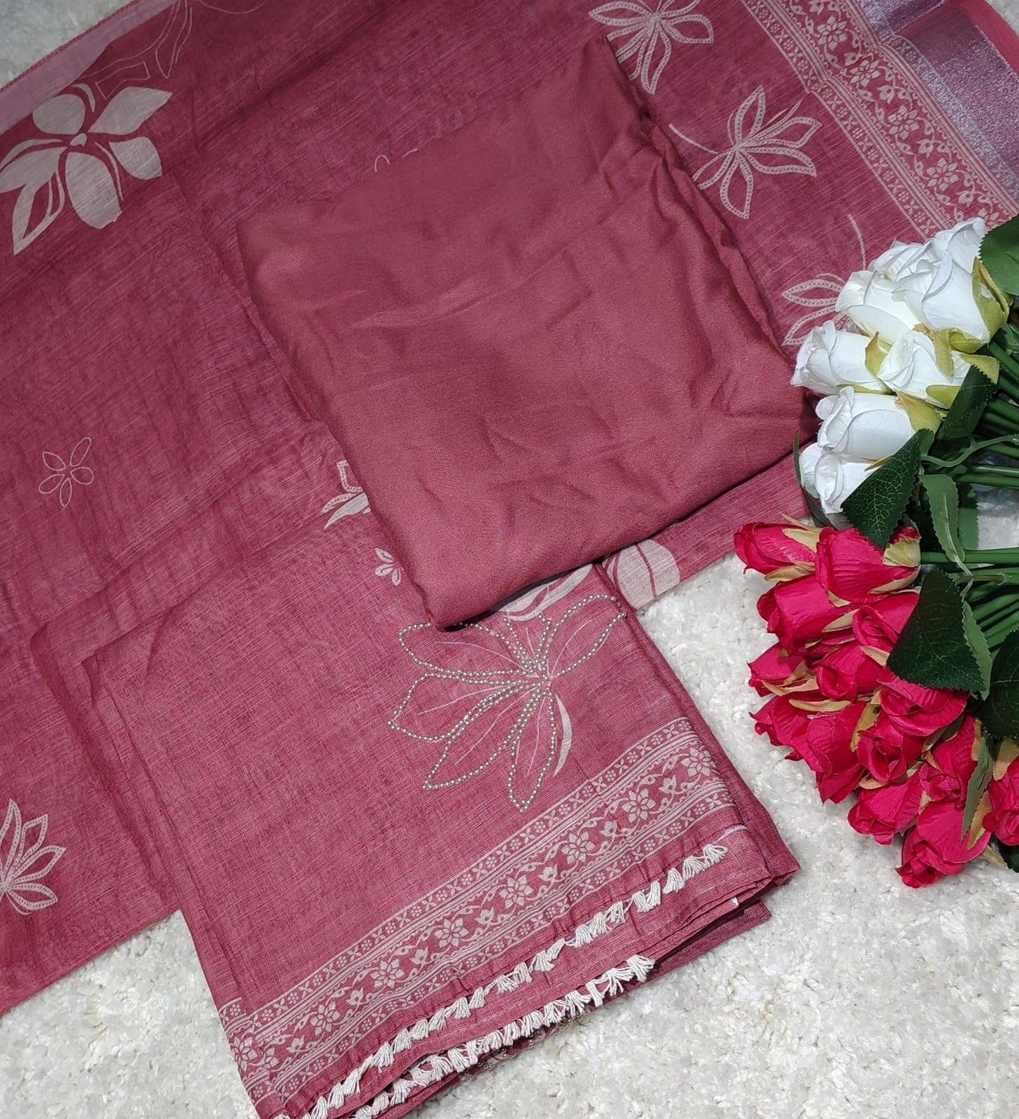 Pearl Work Soft Linen Unstitched Suit Set for Women – Code 011