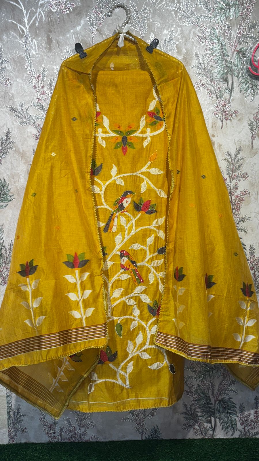 AASAKI 015 Mustard Bird Pure Jaamdani Embroidered Suit Set with Dupatta