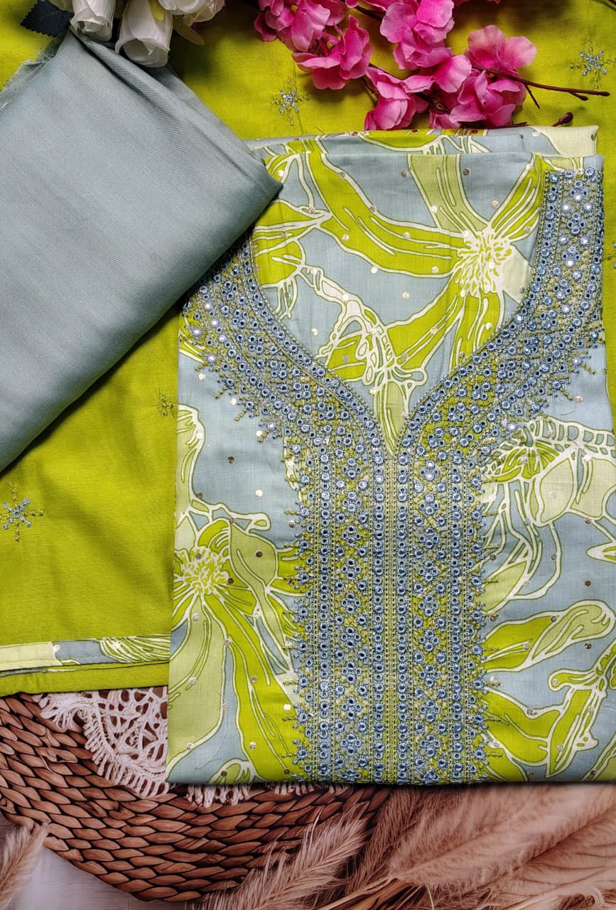 AASAKI Code 064 | Mul Chanderi Unstitched Suit Set with Embroidered Dupatta