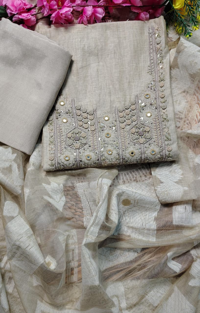 Code 052 Mul Chanderi Embroidered Unstitched Suit Set with Shantoon Bottom | AASAKI