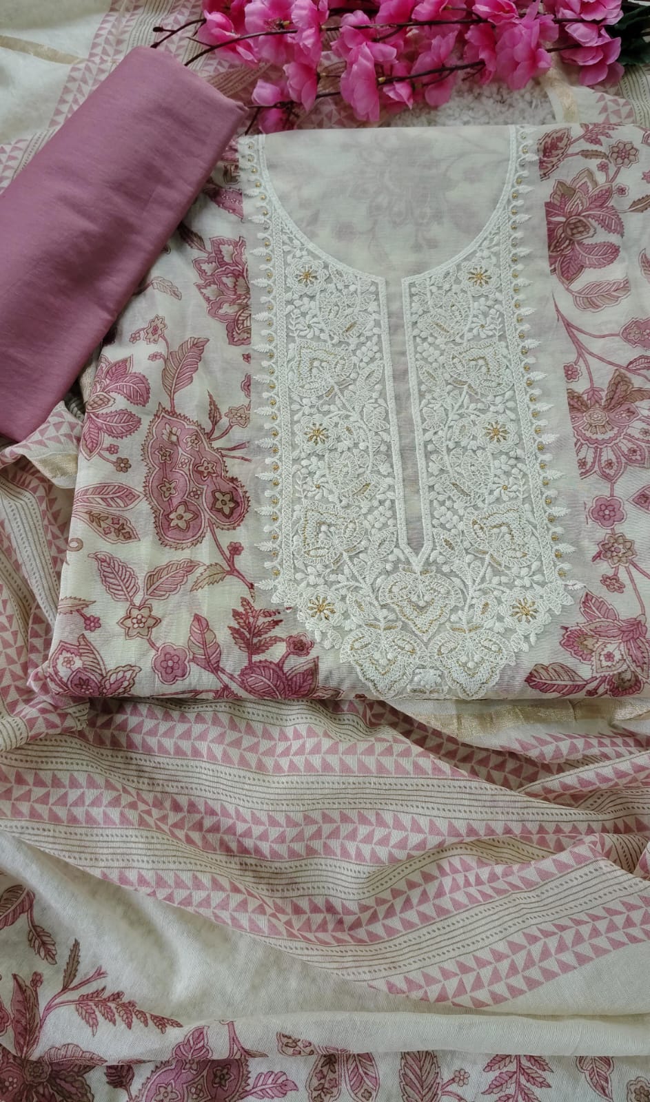 Pink Floral Mul Chanderi Unstitched Suit Set with Dupatta | Code 075 | AASAKI