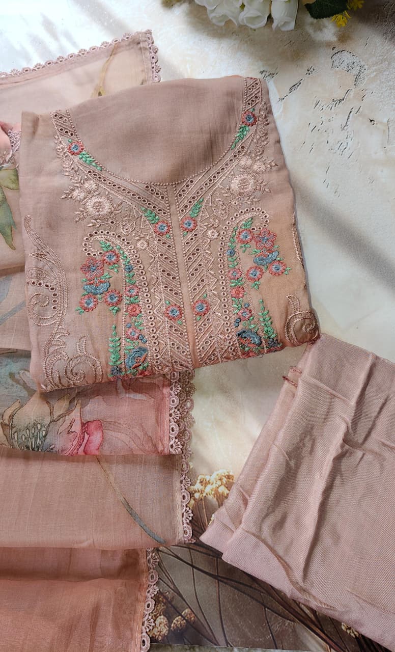Code 042 – Premium Mul Chanderi Embroidered Suit with Floral Dupatta & Shantoon Bottom | Aasaki