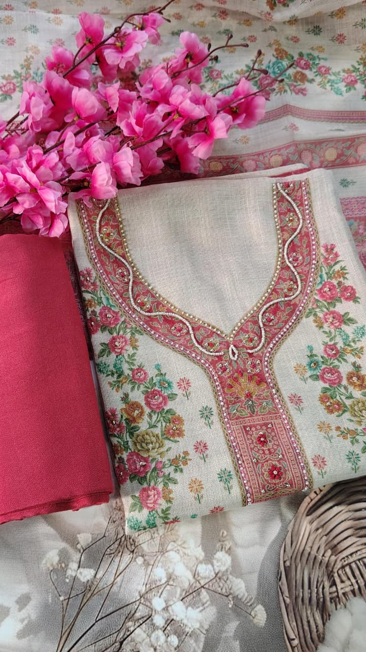Premium Dola Silk Floral Unstitched Suit Set with Dupatta | Code 046 | AASAKI