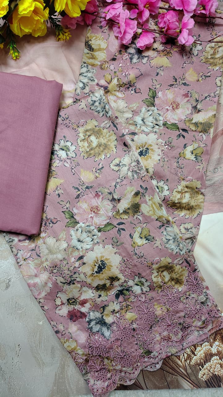 Code 054 Muslin Floral Unstitched Suit Set with Chiffon Dupatta | AASAKI