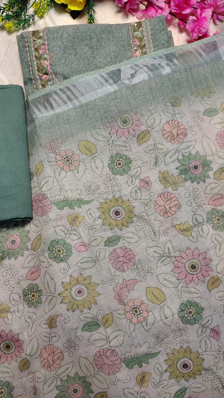 Sage Green Mul Chanderi Embroidered Unstitched Suit Set with Dupatta | Code 073 | AASAKI
