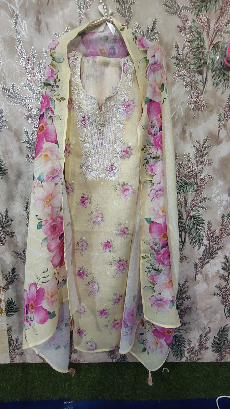 Mul Chanderi Floral Print Suit Set with Embroidered Neck & Printed Dupatta | Code 047