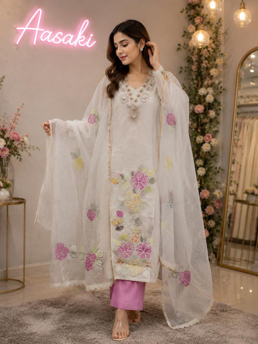 AASAKI 003 Floral Kota Doria Unstiched Suit Set with Dupatta