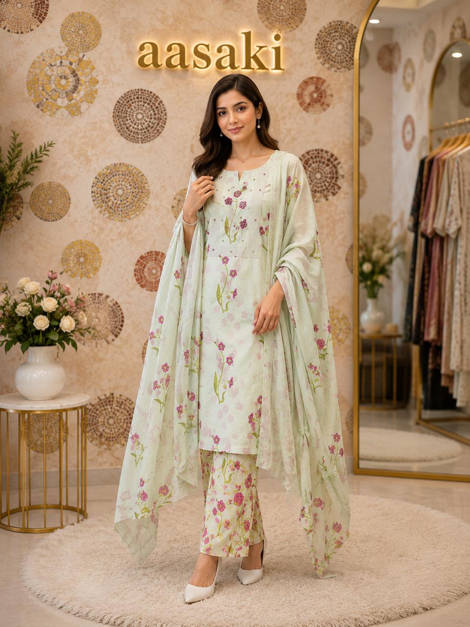 AASAKI 007 Pure Malai Cotton Unstitched Suit Set