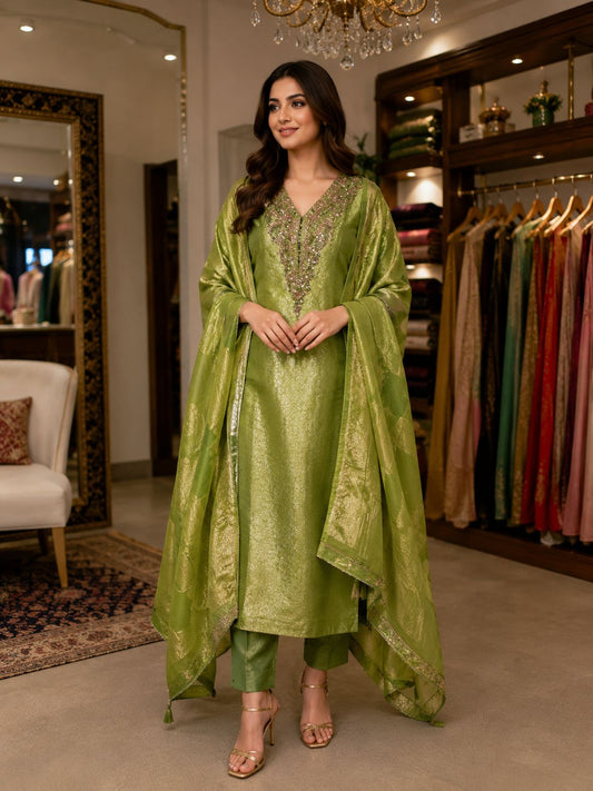 AASAKI™ Kin Khwab Olive Green Jacquard Suit Set – Code 021