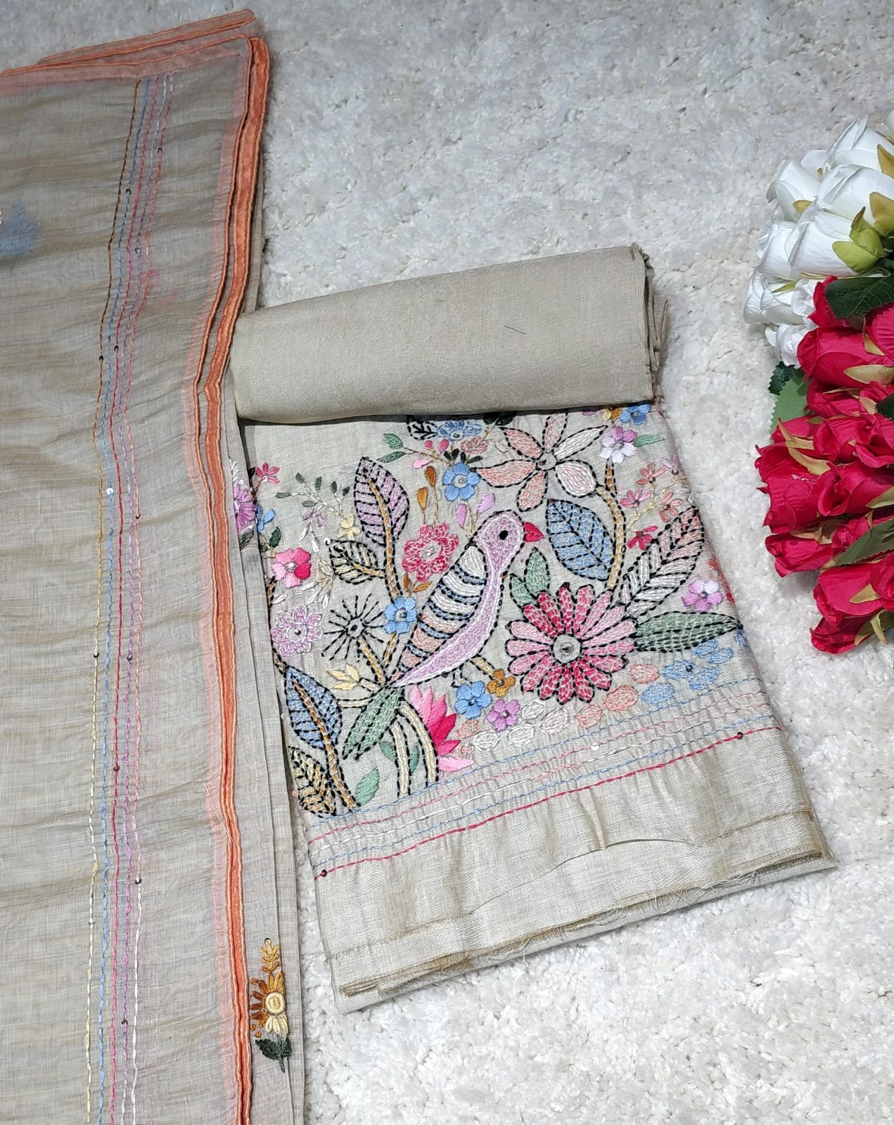 Mul Chanderi Bird Motif Embroidered Unstitched Suit – Code 008
