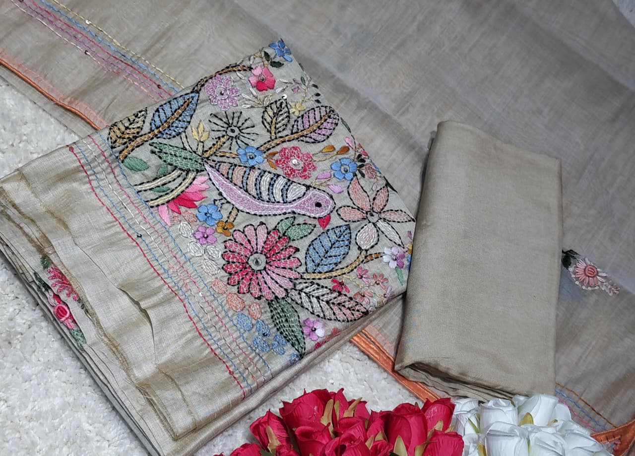 Mul Chanderi Bird Motif Embroidered Unstitched Suit – Code 008