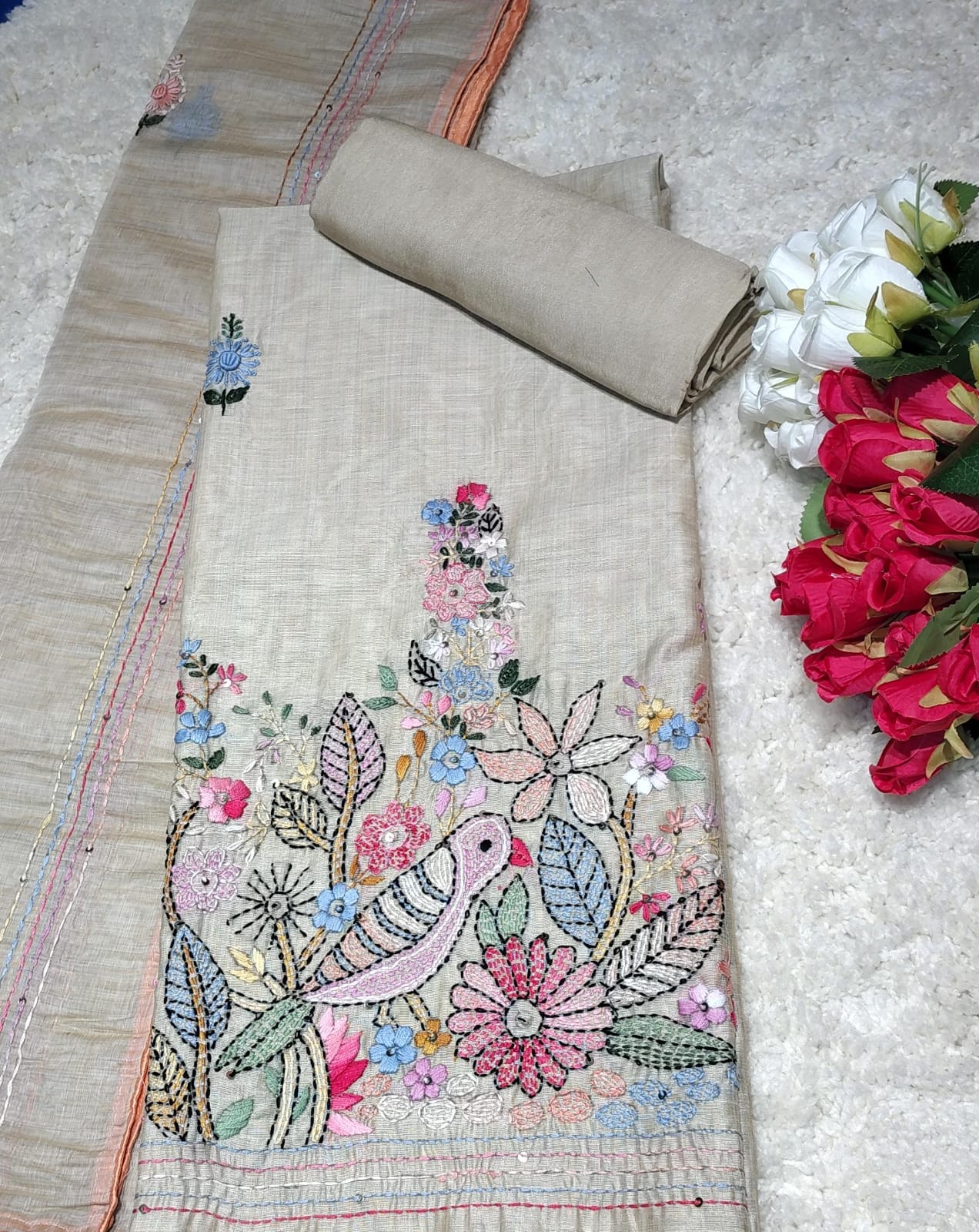 Mul Chanderi Bird Motif Embroidered Unstitched Suit – Code 008