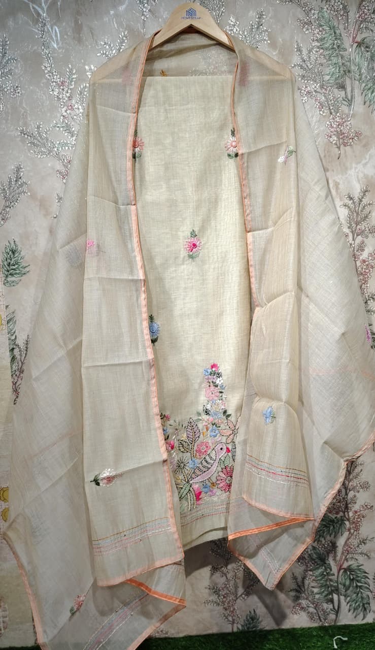 Mul Chanderi Bird Motif Embroidered Unstitched Suit – Code 008