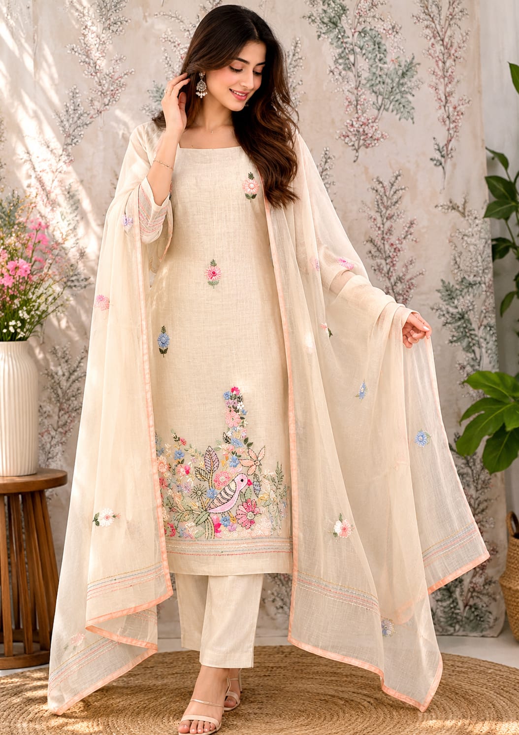 Mul Chanderi Bird Motif Embroidered Unstitched Suit – Code 008