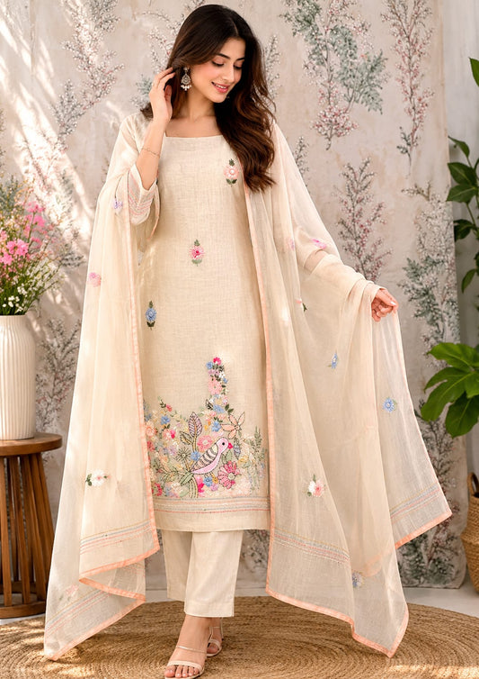 Mul Chanderi Bird Motif Embroidered Unstitched Suit – Code 008