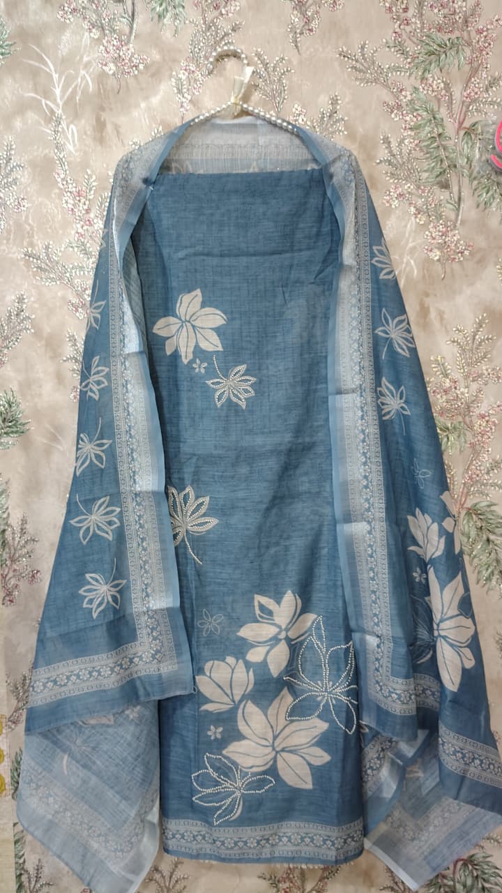Pearl Work Soft Linen Unstitched Suit Set for Women  – Code 022