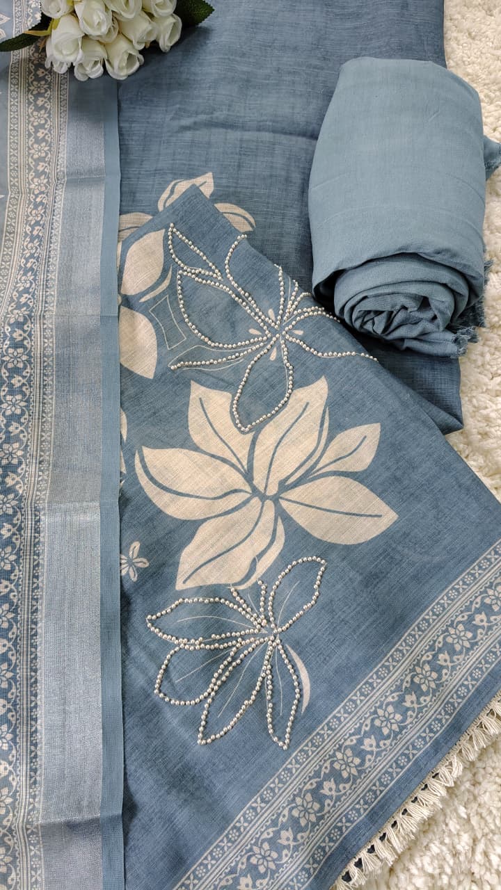 Pearl Work Soft Linen Unstitched Suit Set for Women  – Code 022