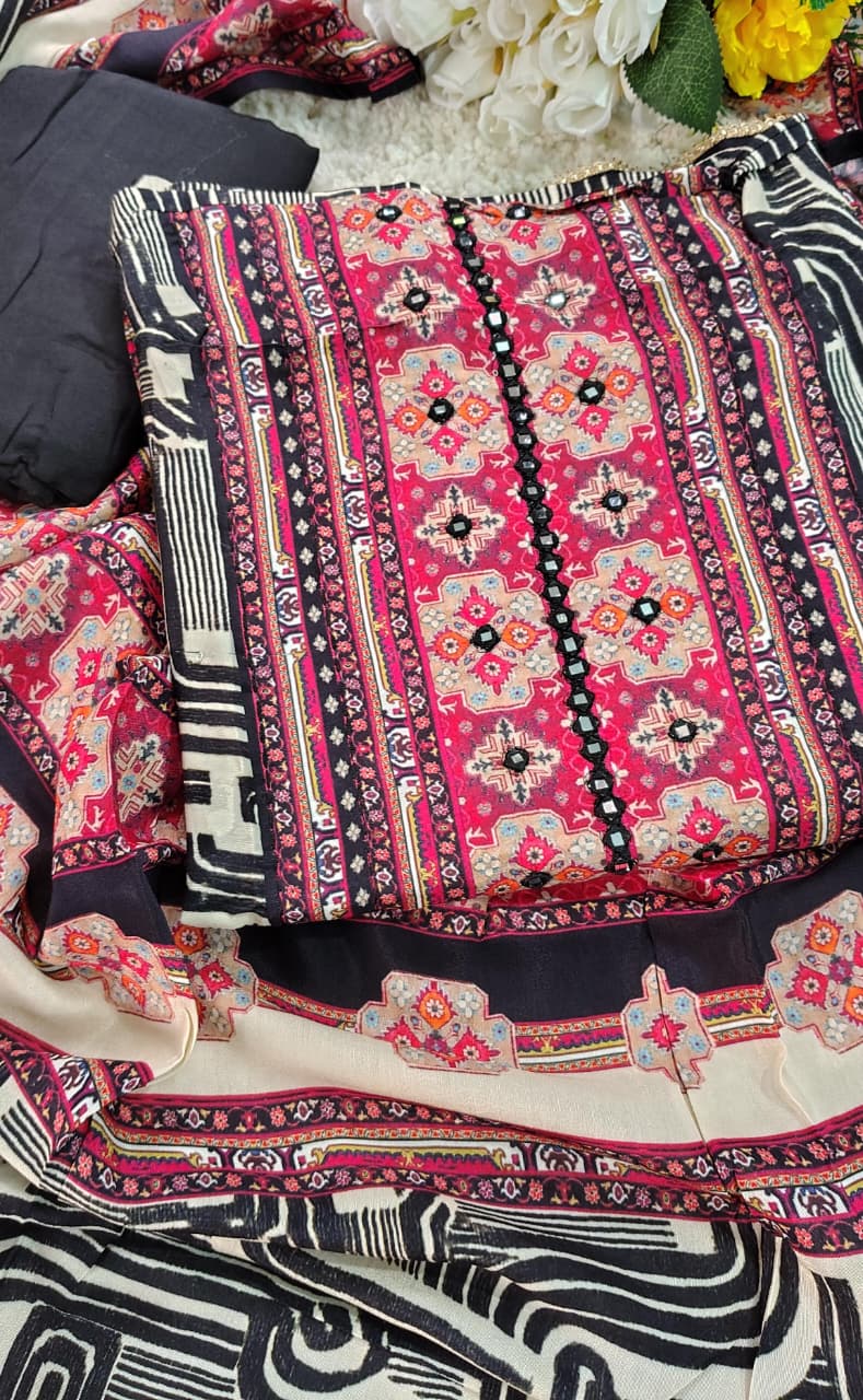 Code 039 – Pure Maslin Printed Suit with Dupatta & Shantoon Bottom | Aasaki