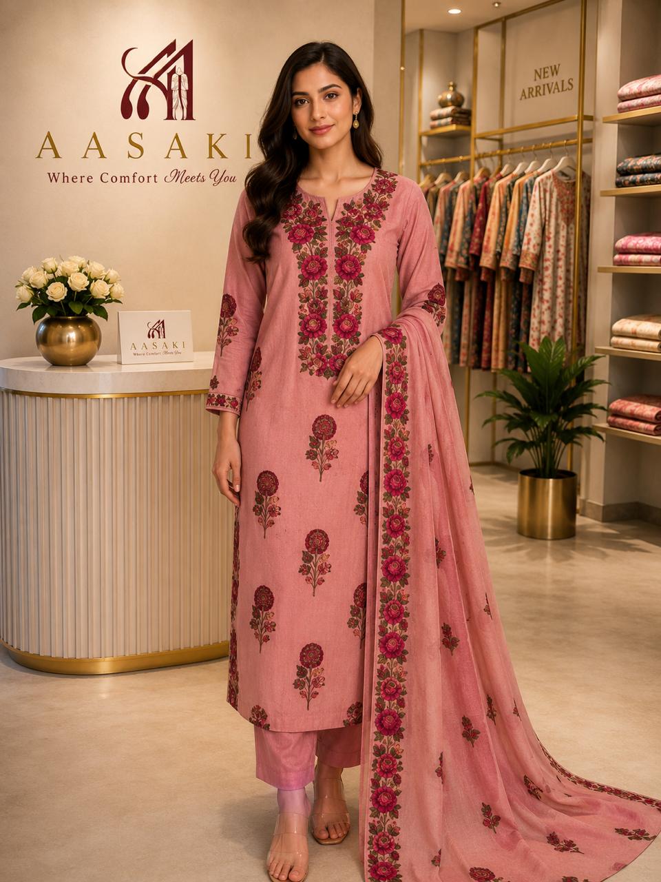 AASAKI 028 Premium Mul Chanderi Embroidered Suit Set With Dupatta