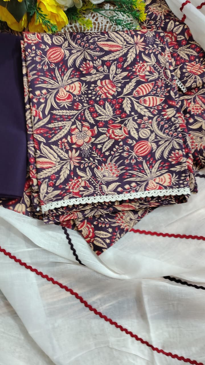 Pure Cotton Printed Unstitched Suit with Embroidered Neck & Cotton Dupatta | Code 065 | AASAKI