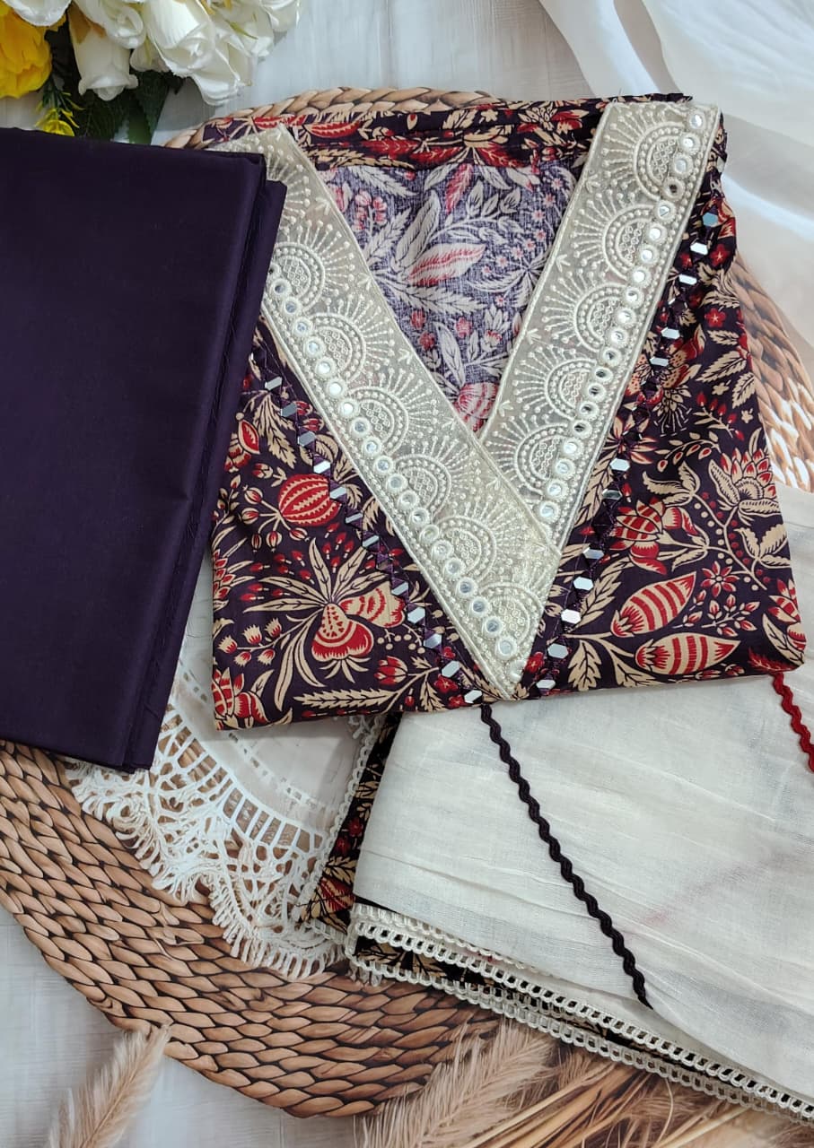 Pure Cotton Printed Unstitched Suit with Embroidered Neck & Cotton Dupatta | Code 065 | AASAKI