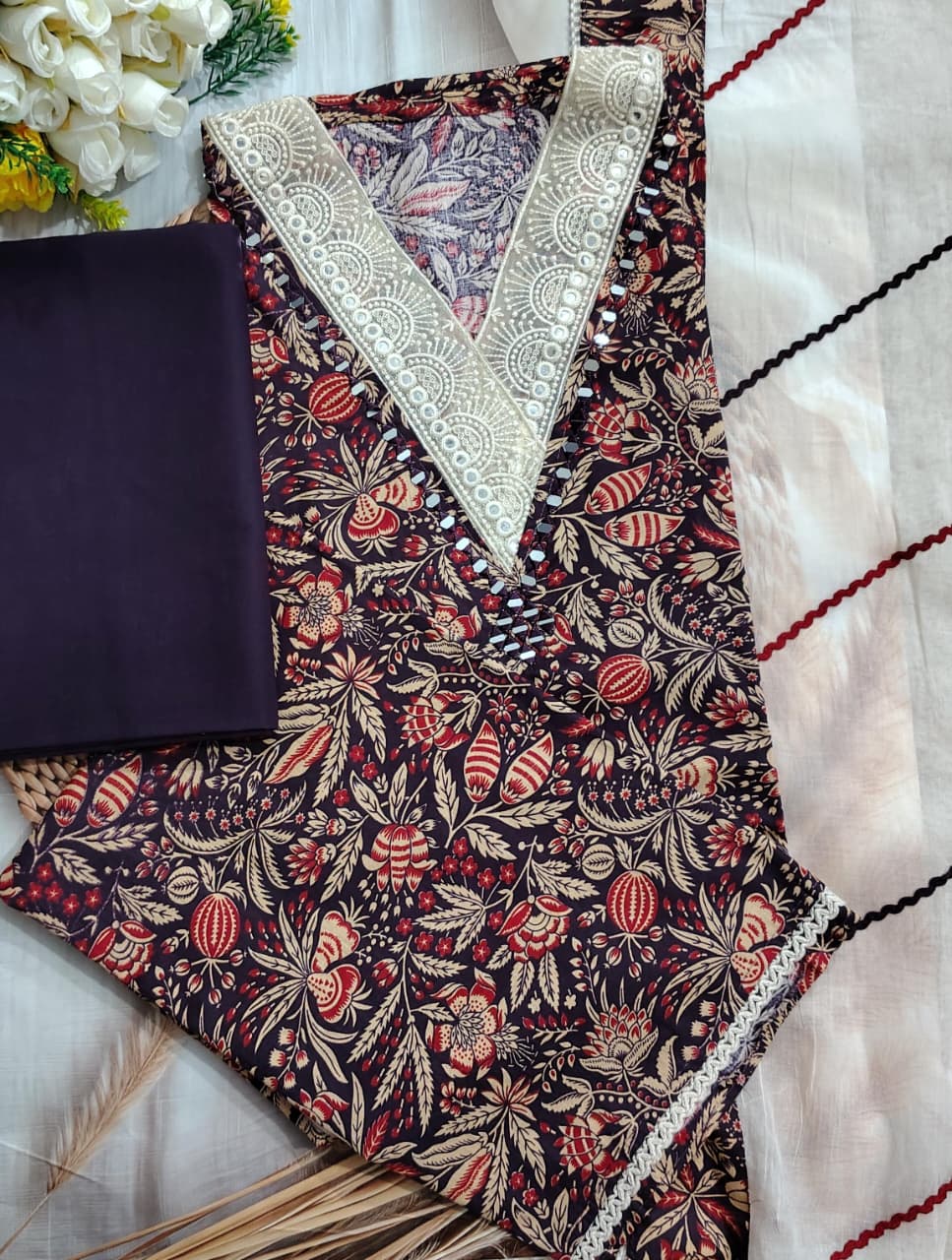 Pure Cotton Printed Unstitched Suit with Embroidered Neck & Cotton Dupatta | Code 065 | AASAKI