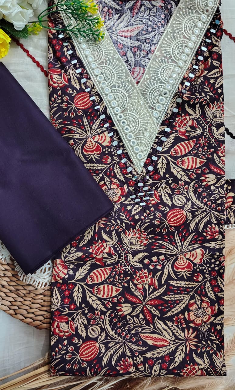 Pure Cotton Printed Unstitched Suit with Embroidered Neck & Cotton Dupatta | Code 065 | AASAKI