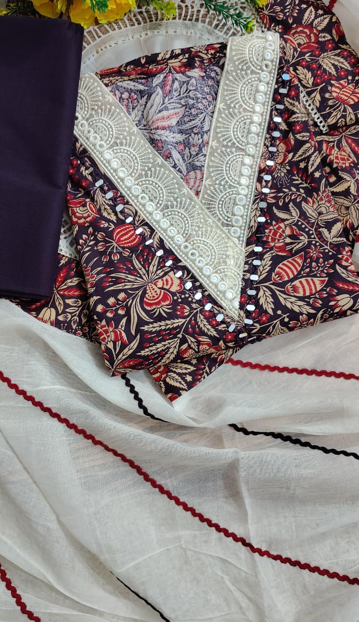 Pure Cotton Printed Unstitched Suit with Embroidered Neck & Cotton Dupatta | Code 065 | AASAKI