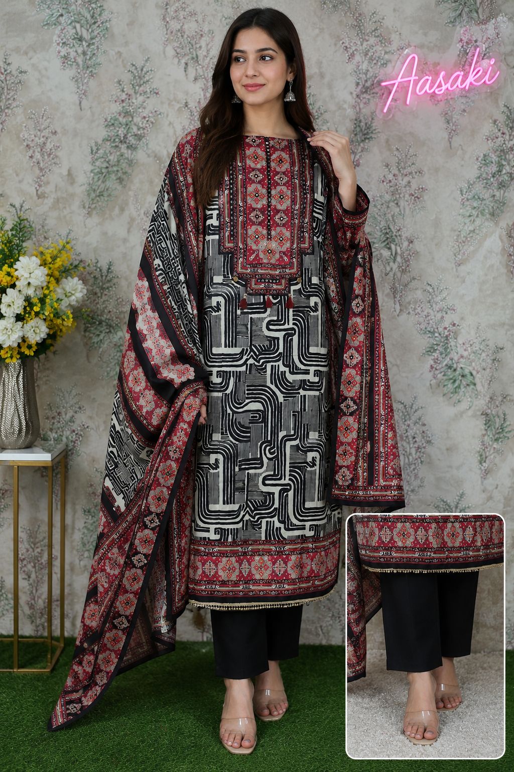 Code 039 – Pure Maslin Printed Suit with Dupatta & Shantoon Bottom | Aasaki