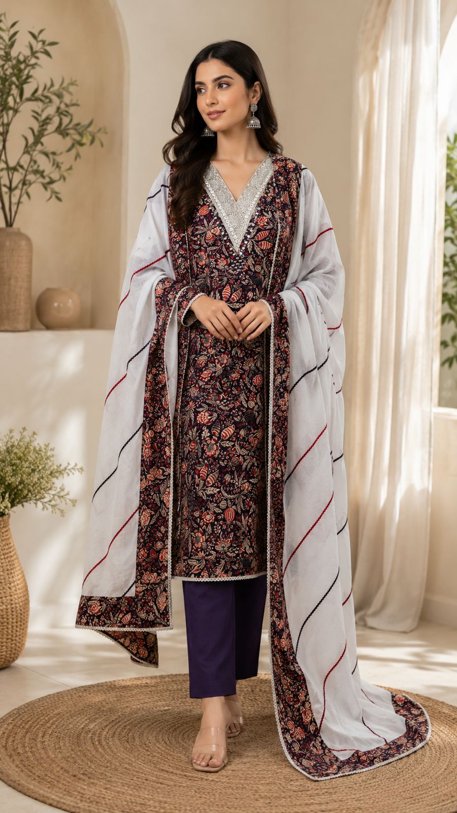 Pure Cotton Printed Unstitched Suit with Embroidered Neck & Cotton Dupatta | Code 065 | AASAKI