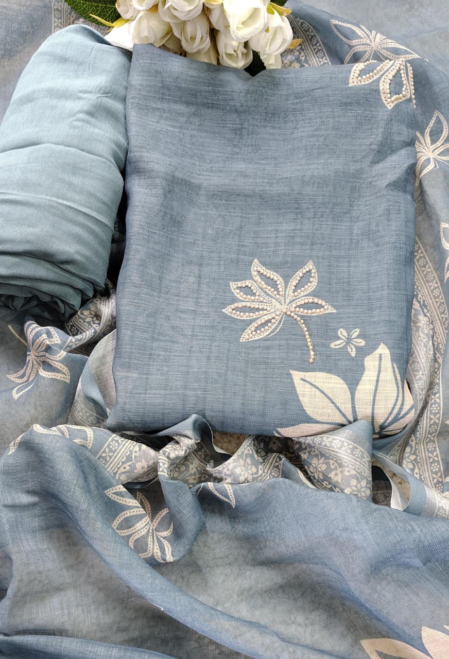 Pearl Work Soft Linen Unstitched Suit Set for Women  – Code 022