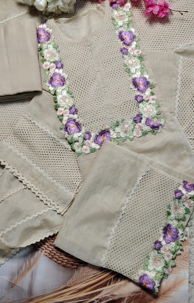 Beige Mulchanderi Floral Embroidered Suit Set with Dupatta | Premium Ethnic Wear|Code 070