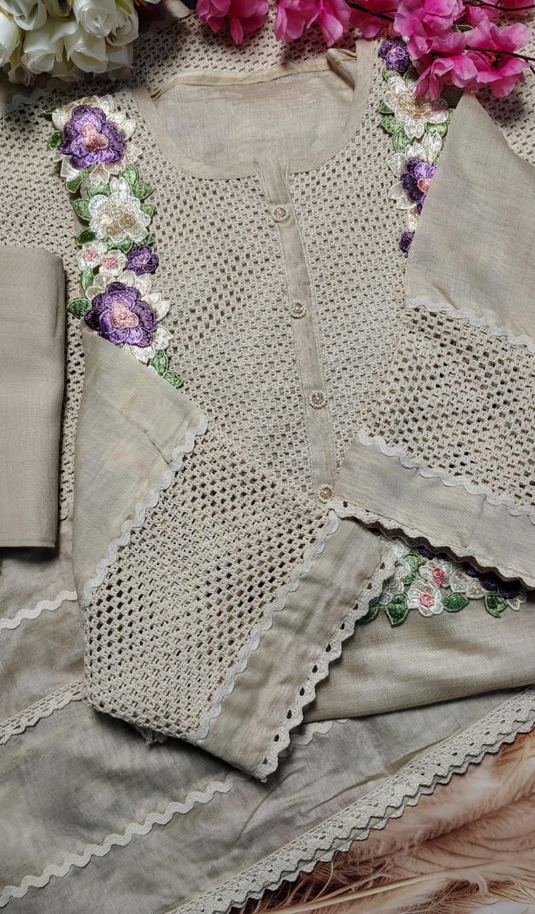 Beige Mulchanderi Floral Embroidered Suit Set with Dupatta | Premium Ethnic Wear|Code 070