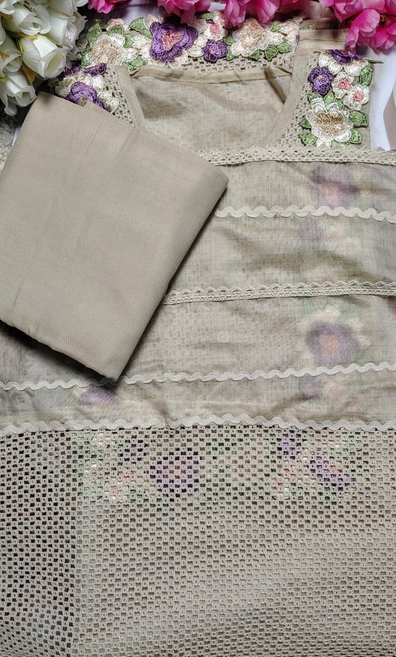 Beige Mulchanderi Floral Embroidered Suit Set with Dupatta | Premium Ethnic Wear|Code 070