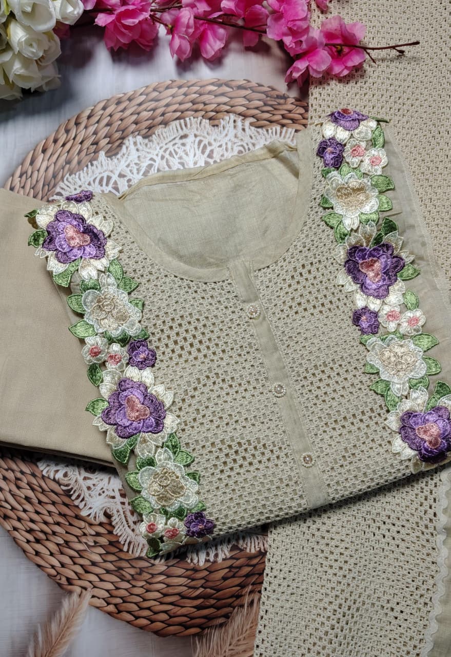 Beige Mulchanderi Floral Embroidered Suit Set with Dupatta | Premium Ethnic Wear|Code 070