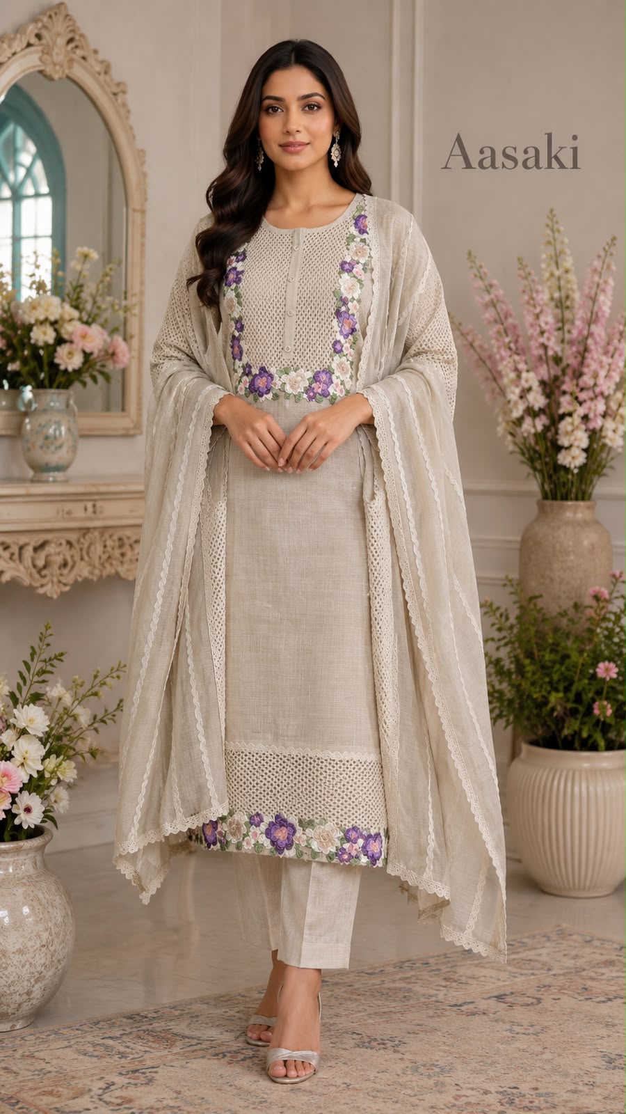 Beige Mulchanderi Floral Embroidered Suit Set with Dupatta | Premium Ethnic Wear|Code 070
