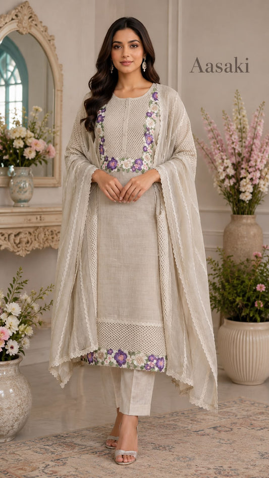 Beige Mulchanderi Floral Embroidered Suit Set with Dupatta | Premium Ethnic Wear|Code 070