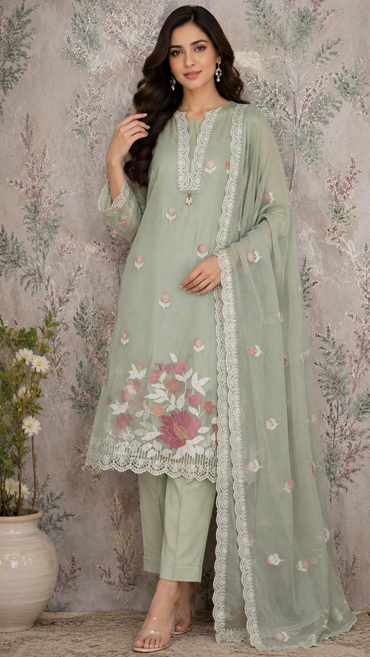 Organza Embroidered Unstitched Suit Set – Festive & Party Wear | Code 042