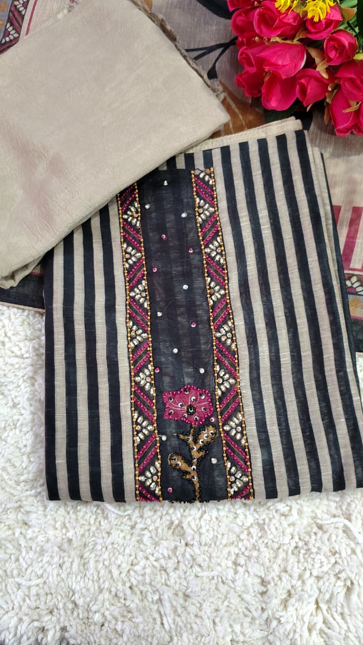 Code 041 – Elegant Mul Chanderi Suit with Embellished Neck & Shantoon Bottom | Aasaki