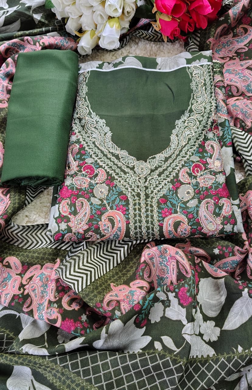 Code 029 Maheshwari Cotton Unstitched Suit Set with Embroidered Neck | AASAKI