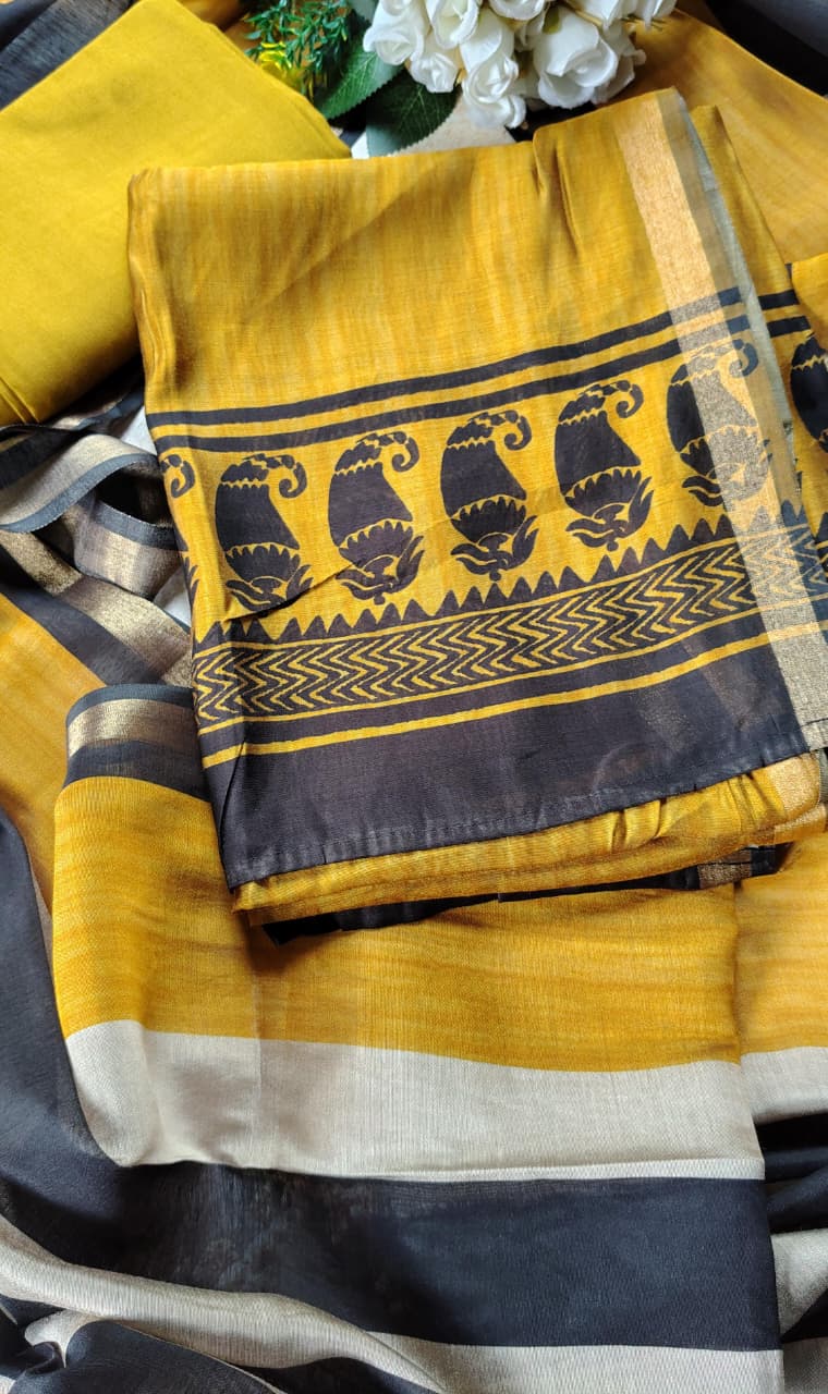Mustard Silk Cotton Unstitched Suit Set with Dupatta | Code 074 | AASAKI