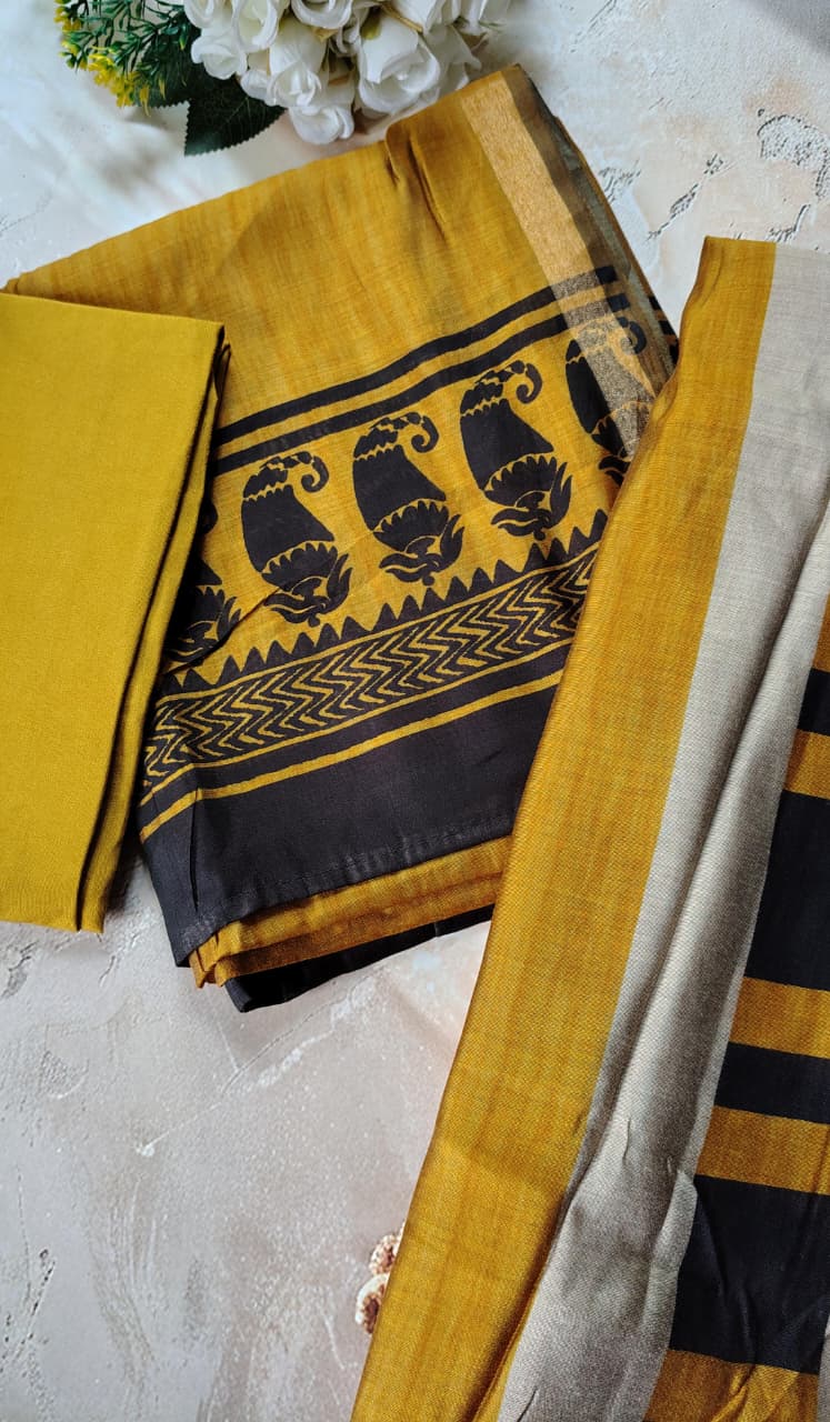 Mustard Silk Cotton Unstitched Suit Set with Dupatta | Code 074 | AASAKI