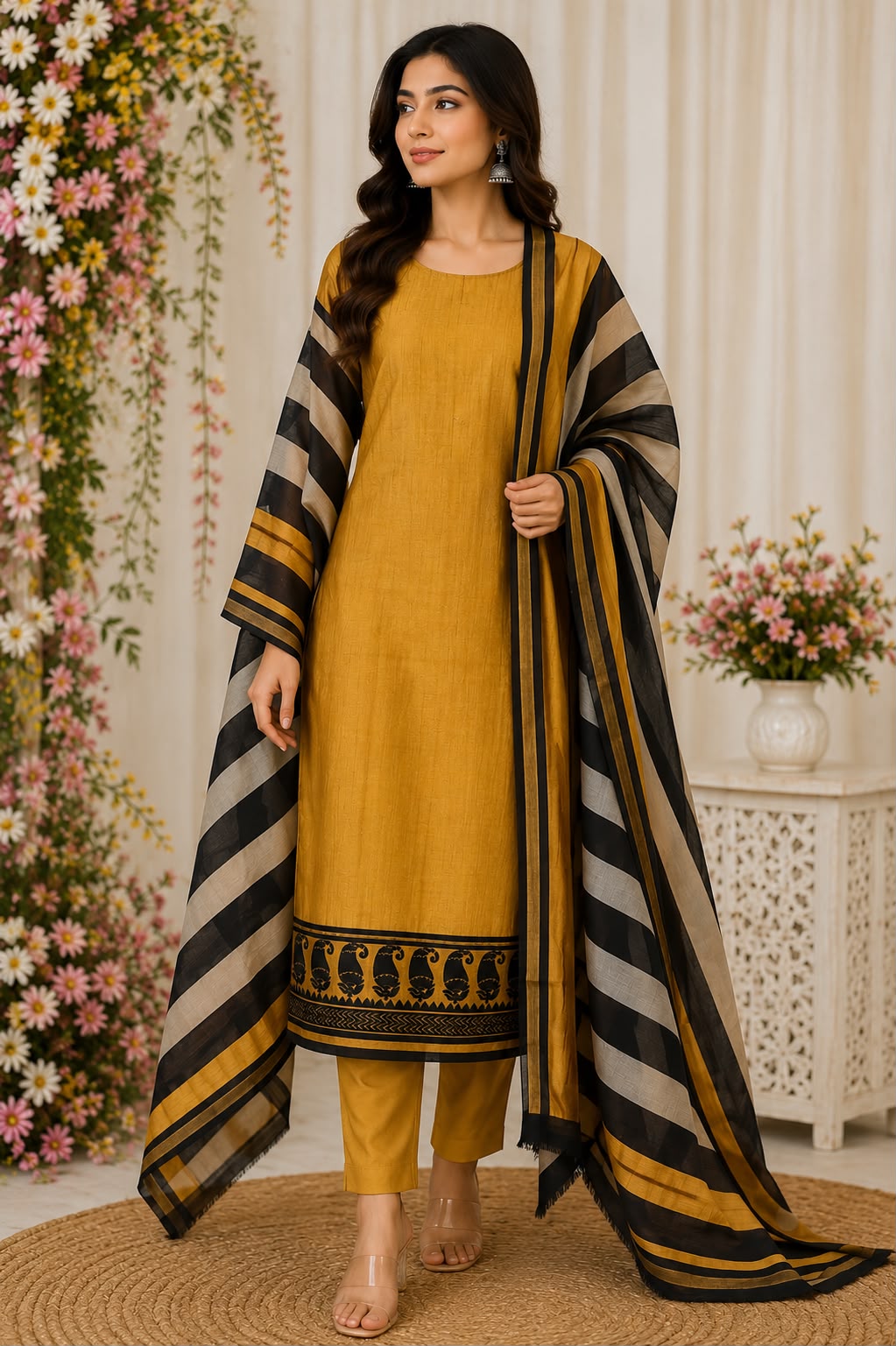 Mustard Silk Cotton Unstitched Suit Set with Dupatta | Code 074 | AASAKI