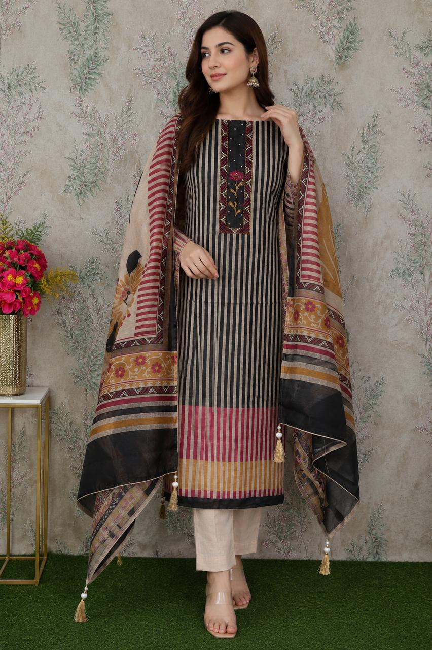 Code 041 – Elegant Mul Chanderi Suit with Embellished Neck & Shantoon Bottom | Aasaki