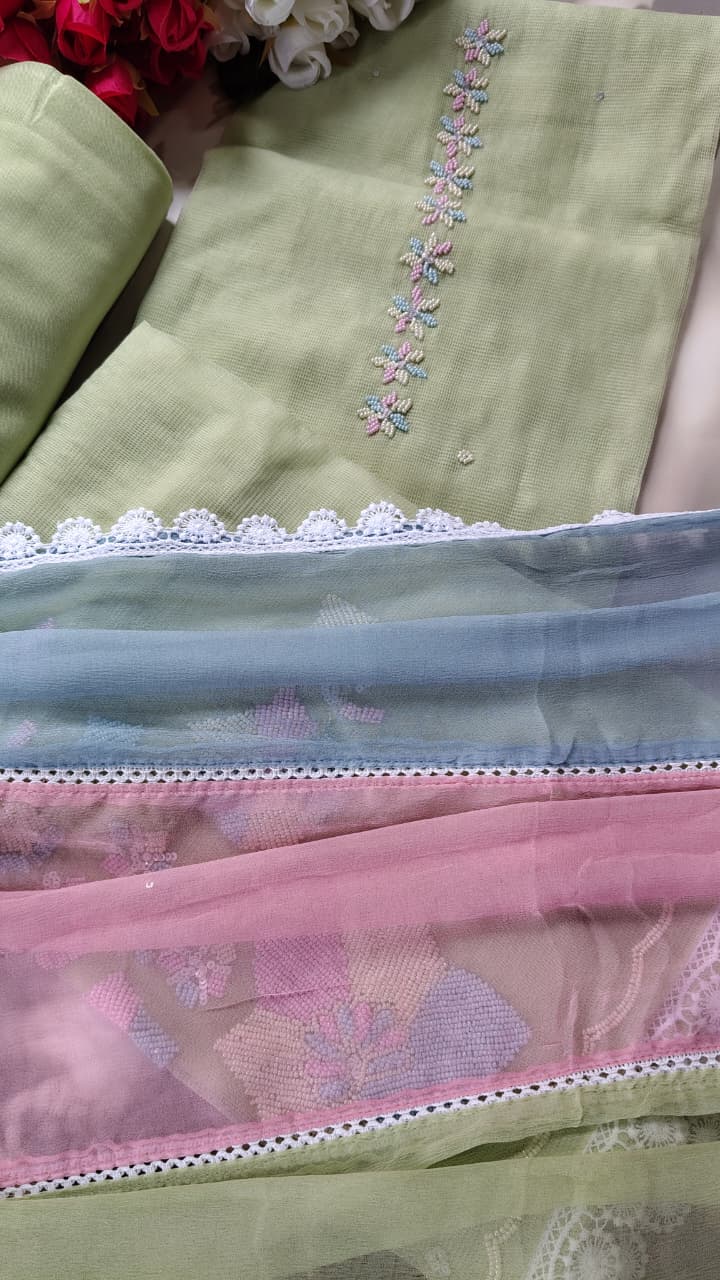 Code 059 Pearl Work Embroidered Cotton Suit with Pure Chiffon Dupatta | Aasaki