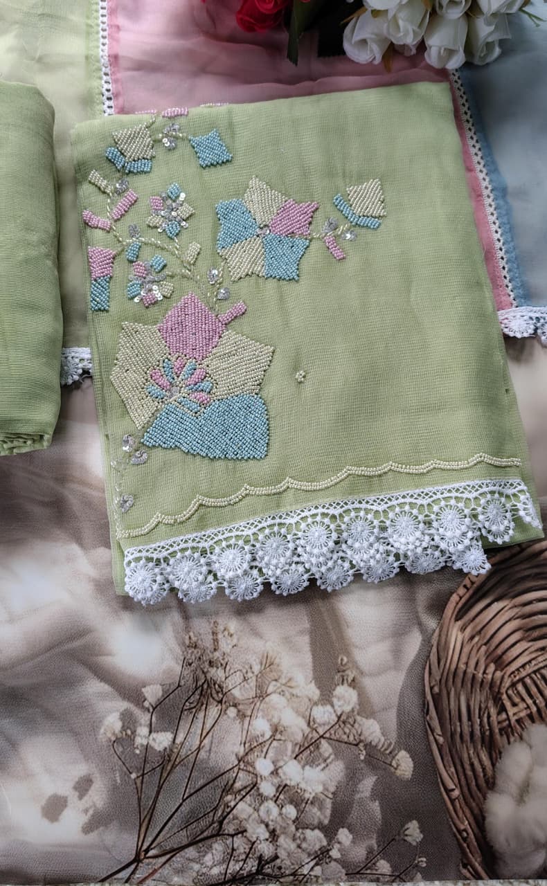 Code 059 Pearl Work Embroidered Cotton Suit with Pure Chiffon Dupatta | Aasaki