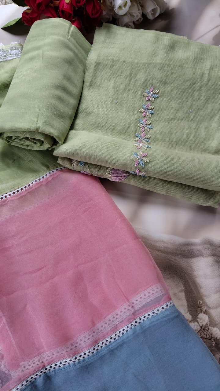 Code 059 Pearl Work Embroidered Cotton Suit with Pure Chiffon Dupatta | Aasaki