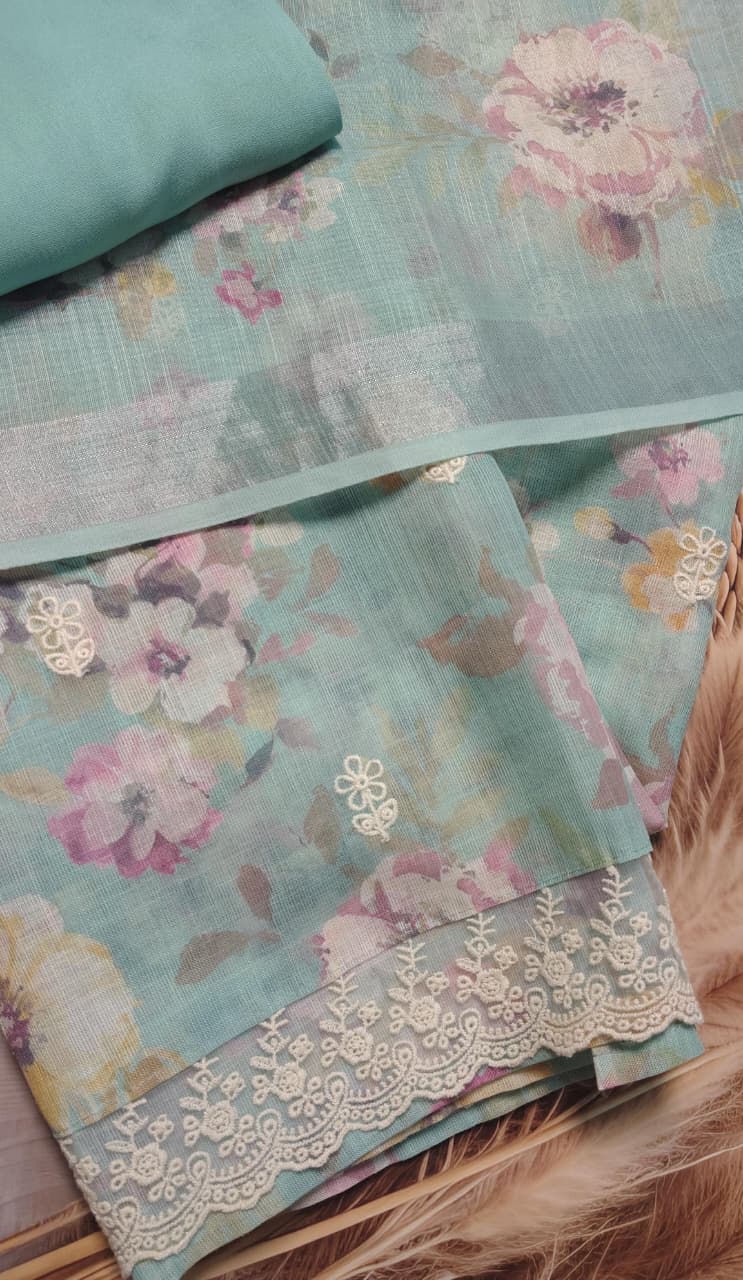 Code 051 Linen Floral Unstitched Suit Set with Shantoon Bottom | AASAKI